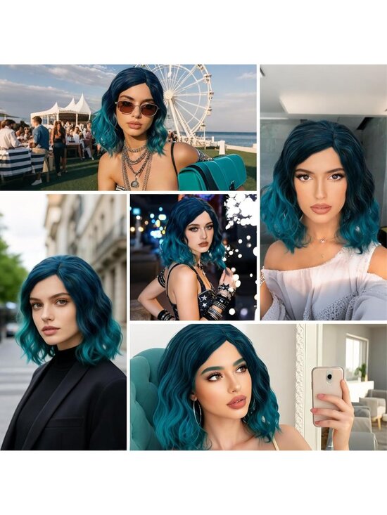 Women Ombre Blue Heat Resistant Wavy Curly Cosplay Halloween Bob Party Wig main image 4